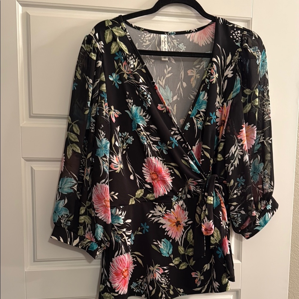 Floral Wrap Top - Black with Pink and Blue Accents